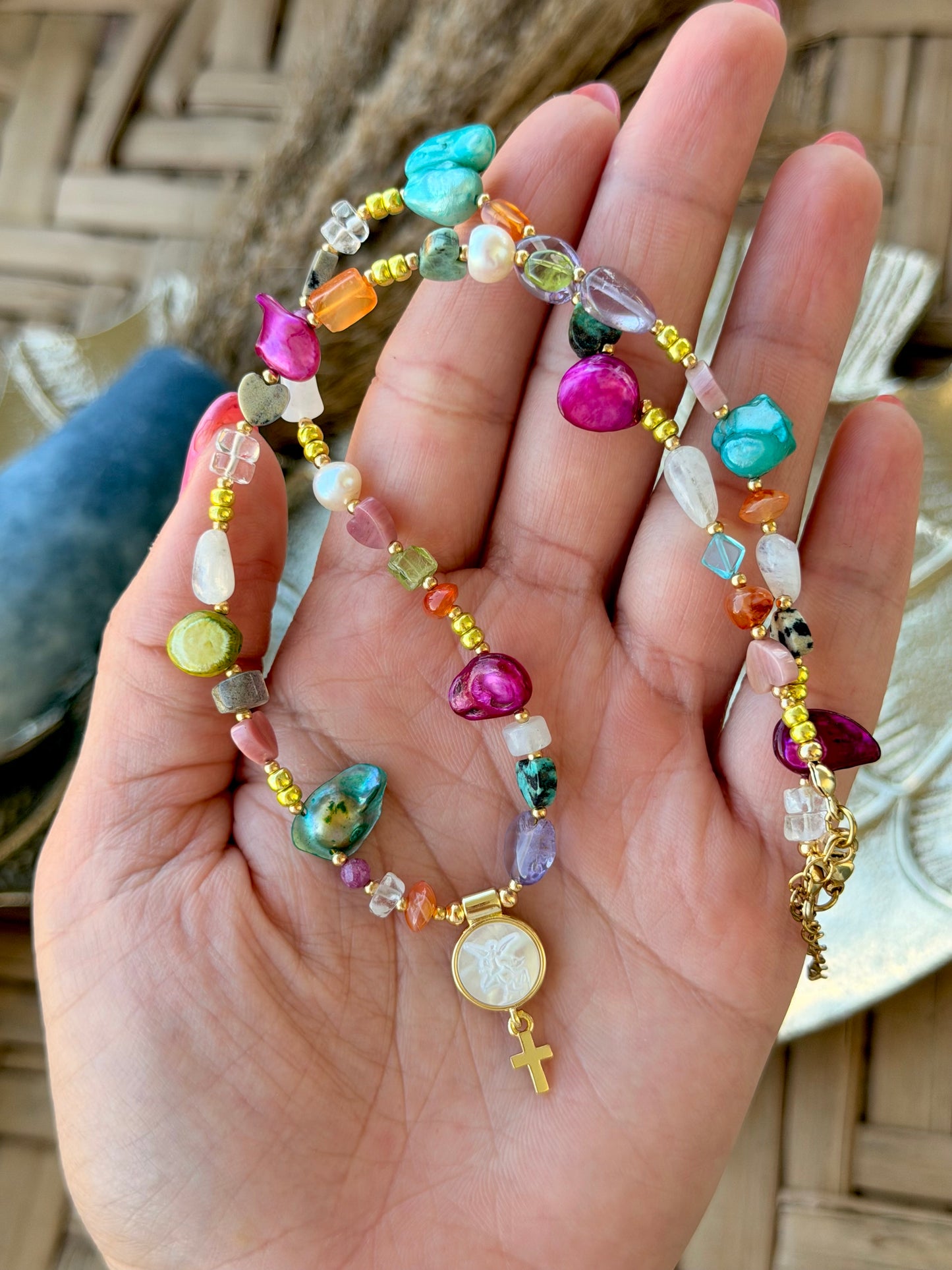 San Miguel Arcángel gemstone necklce